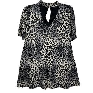 LOVE‎ RICHE Gray Cheetah Print Choker Oversized Flare Mini Dress Sz Medium